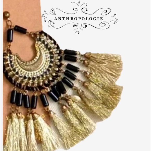 Anthropologie Daria Gold Fringe & Black Bohemian Boho Resin Drop Earrings NWT - Picture 2 of 6